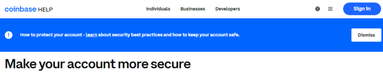 Coinbase Help Center screenshot highlighting account security best practices and guidance for protecting user accounts