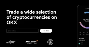 OKX homepage banner showcasing cryptocurrency trading with a sleek design, featuring partnerships with Tribeca Festival, McLaren Formula 1 Team, and Manchester City FC.