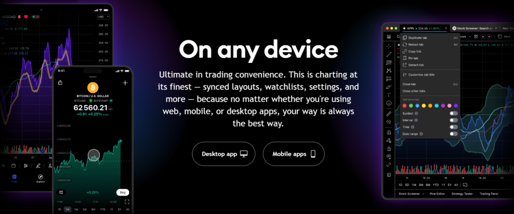 TradingView multi-device charting interface in 2025 showcasing synced layouts on desktop and mobile apps for seamless trading and analysis across all platforms.