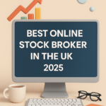 Flat-style illustration of a desktop computer with text 'Best Online Stock Broker in the UK 2025', featuring upward trend icons, coffee cup, notebook, and keyboard — designed by The Investors Centre.
