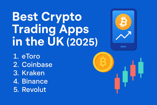Promotional graphic listing top 5 crypto trading apps in the UK for 2025 – including eToro, Coinbase, Kraken, Binance, and Revolut.