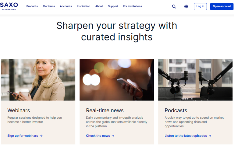 Saxo Review 7 Saxo Bank educational resources page featuring webinars, real-time market news, and financial podcasts to help investors sharpen their trading strategy in 2025.