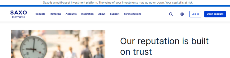 Saxo Review 8 Saxo Bank website header showcasing trust-focused messaging, navigation menu, and call-to-action for account opening – multi-asset investment platform 2025.