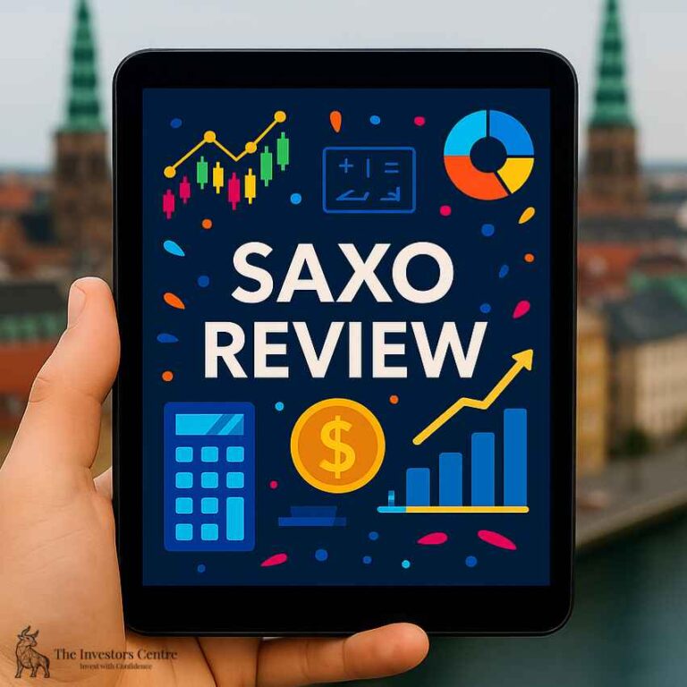 Tablet displaying Saxo Bank Review graphic with financial icons, held in hand against the Copenhagen skyline, featuring The Investors Centre watermark.