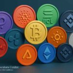 Collection of colourful 3D crypto coins including Bitcoin, Ethereum, Solana, Ripple, Cardano, Polkadot, and Trump Coin, with The Investors Centre logo promoting confident investing