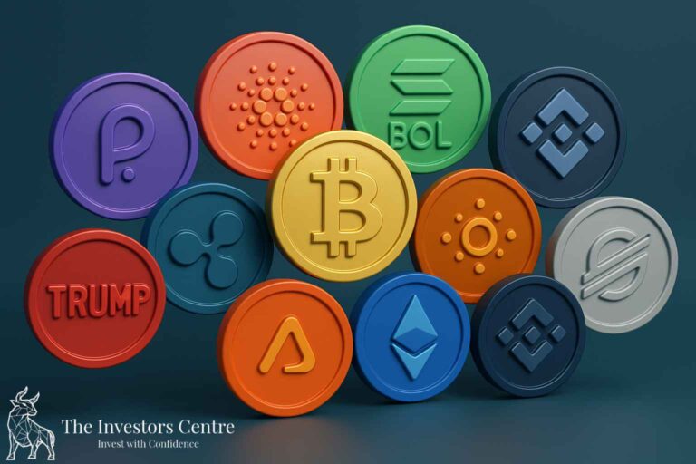 Collection of colourful 3D crypto coins including Bitcoin, Ethereum, Solana, Ripple, Cardano, Polkadot, and Trump Coin, with The Investors Centre logo promoting confident investing