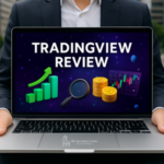 Person holding a laptop in a financial district displaying a "TradingView Review" screen with bar charts, magnifying glass, candlestick chart, and gold coins, branded with The Investors Centre logo.