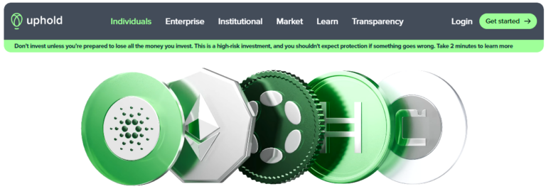 Uphold crypto exchange homepage banner featuring digital coin icons like Ethereum and Cardano, with high-risk investment disclaimer and navigation options for individuals and institutions.