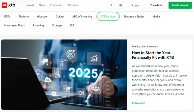 XTB financial education article promoting 2025 goal setting, featuring digital icons of finance, strategy, and AI alongside a user interacting with tablet and laptop