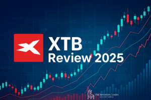 XTB Review 2025 featured image with XTB logo, rising candlestick chart, and The Investors Centre watermark—designed for UK trading insights and SEO visibility.