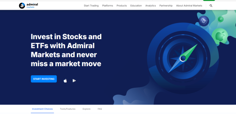 Admiral Markets investment banner promoting stock and ETF trading with compass illustration and app download links for iOS and Android"