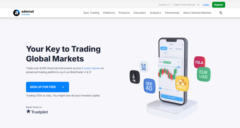 Admiral Markets homepage showcasing trading platform with live chart, mobile interface, and supported assets like Tesla, EUR/USD, oil, and gold – trusted global broker with 8,000+ financial instruments