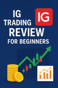 IG Review UK 18 IG trading review for beginners featuring candlestick chart, rising green arrow, and financial growth icons
