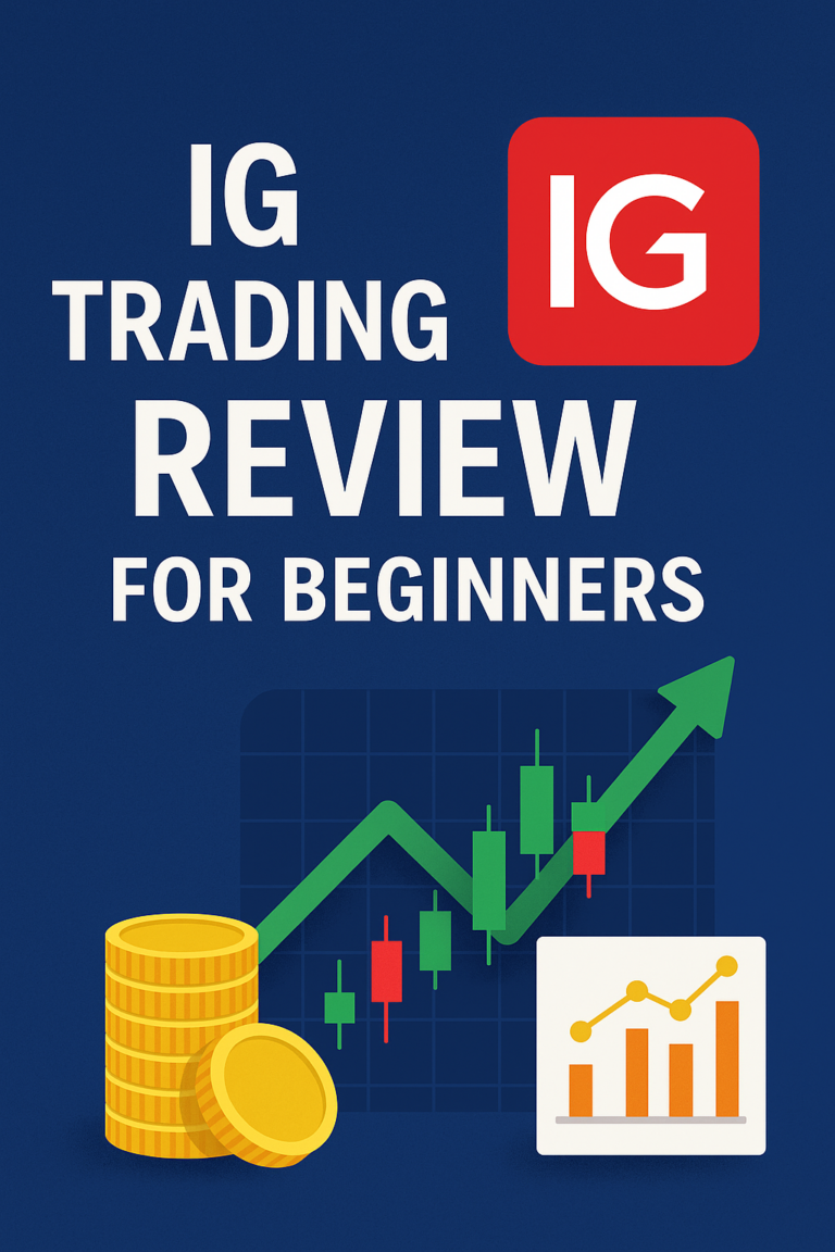 IG trading review for beginners featuring candlestick chart, rising green arrow, and financial growth icons