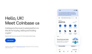 Coinbase UK homepage showing GBP account funding option and mobile balance display, June 2025