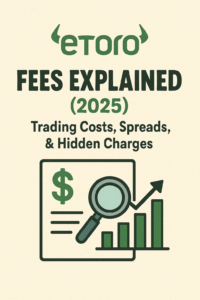 Infographic showing eToro fees explained for 2025, including trading costs, spreads, and hidden charges with charts and magnifying glass