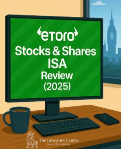 eToro Stocks & Shares ISA Review 2025 illustration with desktop setup, green display screen, and The Investors Centre branding for UK investment insights