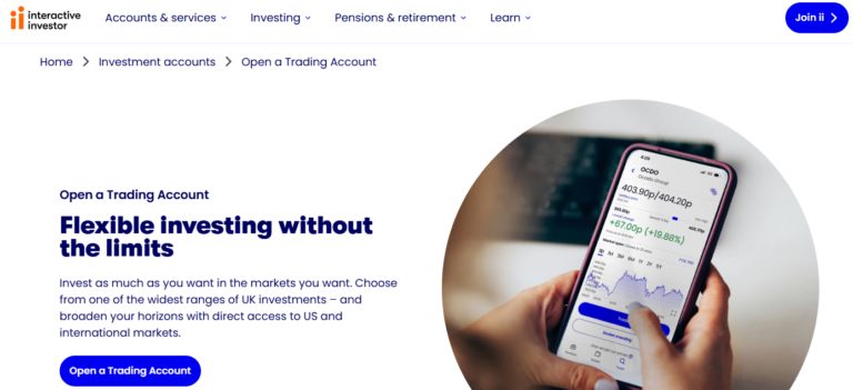 Interactive Investor trading account page showing mobile stock trading interface with real-time data and flexible investing options for UK and global markets.