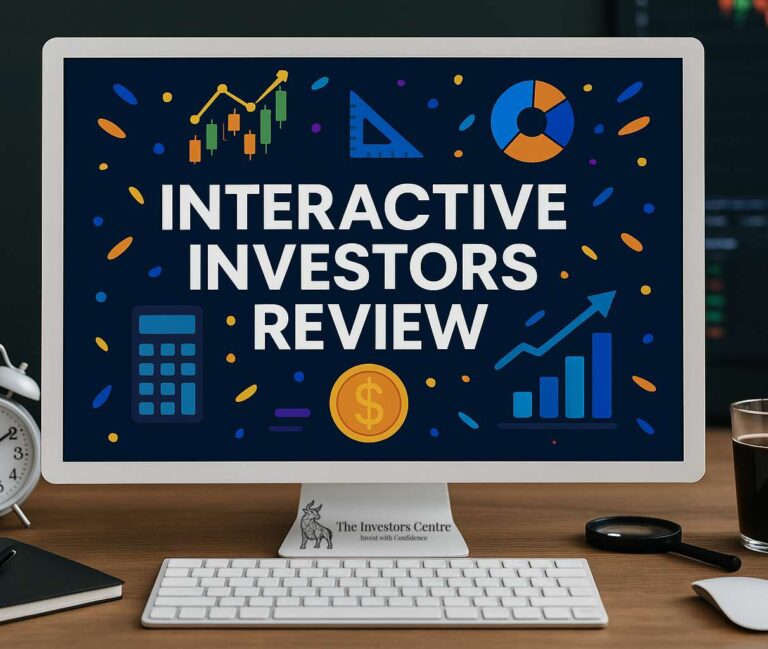 Interactive Investors Review graphic displayed on a white desktop monitor with trading tools, calculator, clock, and coffee cup on desk, branded by The Investors Centre.