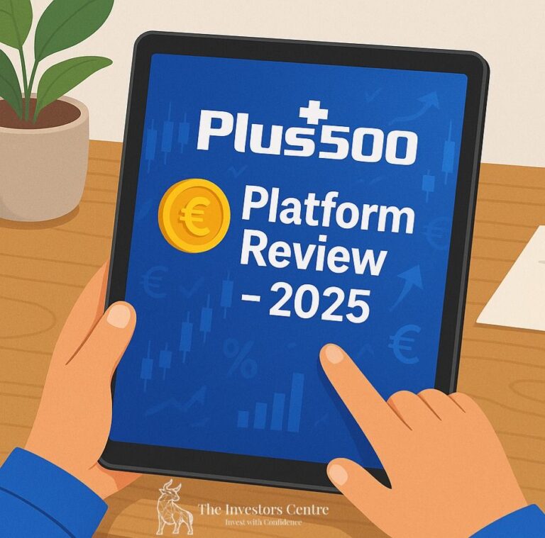 Plus500 platform review 2025 displayed on a tablet screen – hands holding the device with a trading chart background, ideal for online investment platform articles.