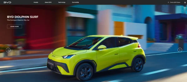 Screenshot of BYD home screen showing the latest model of cars available