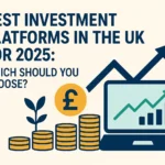 Illustration of UK investment options for 2025 featuring rising financial charts, pound symbols, and stacked coins