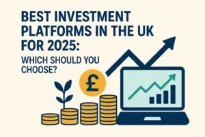 Illustration of UK investment options for 2025 featuring rising financial charts, pound symbols, and stacked coins