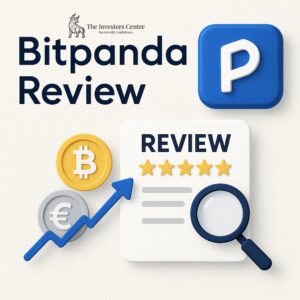 Bitpanda Review graphic featuring The Investors Centre logo, 5-star rating, Bitcoin and Euro icons, financial growth arrow, and digital magnifying glass symbol.