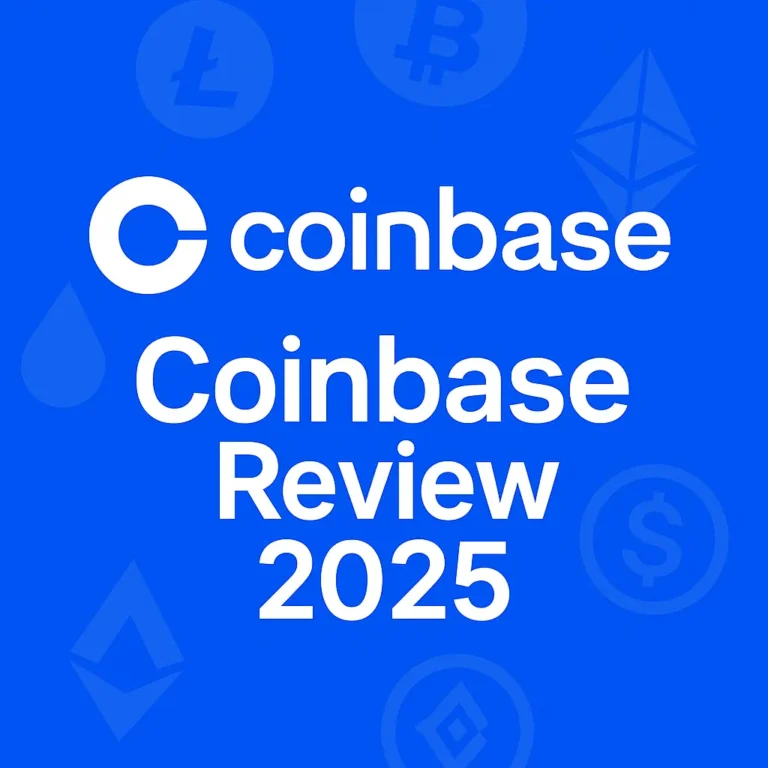 Coinbase Review 2025 graphic featuring Coinbase logo, cryptocurrency icons like Bitcoin and Ethereum on a blue background