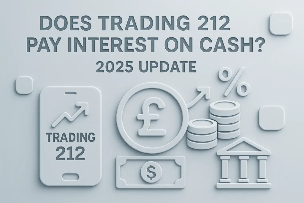 Neomorphic-style illustration titled "Does Trading 212 Pay Interest on Cash? - 2025 Update" featuring mobile trading app, pound symbol, interest percentage, stacked coins, and financial icons.