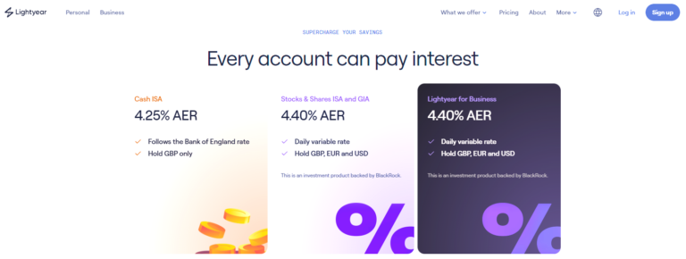 Lightyear 2025 account interest rates comparison – Cash ISA at 4.25% AER, Stocks & Shares ISA and GIA at 4.40% AER, with support for GBP, EUR, and USD held in BlackRock-backed investment products