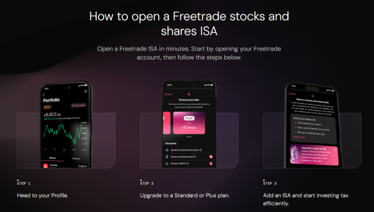 Step-by-step guide on how to open a Freetrade stocks and shares ISA using the mobile app, including profile access, plan upgrade, and ISA setup