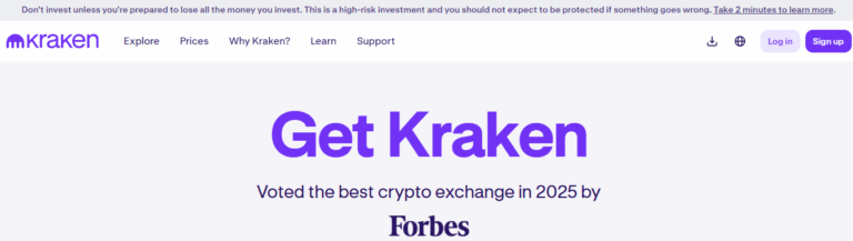 Screenshot of Kraken's 2025 homepage featuring the tagline Get Kraken and a Forbes endorsement as the best crypto exchange