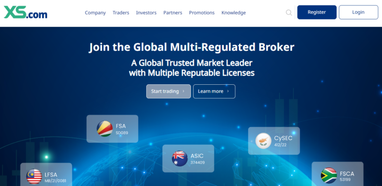 Homepage screenshot of XS.com, a globally regulated broker, highlighting regulatory licenses from ASIC, CySEC, FSCA, LFSA, and FSA, with call-to-action buttons to start trading or learn more.