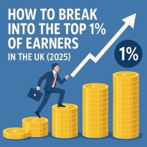 Illustration of businessman climbing stacks of British pound coins with upward arrow and text 'How to Break into the Top 1% of Earners in the UK (2025)