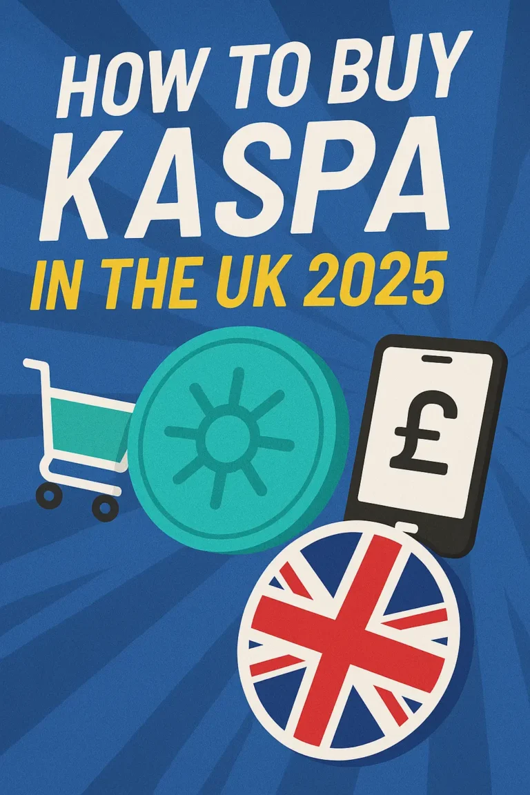 How to buy Kaspa in the UK 2025 guide with shopping cart, Kaspa coin, pound currency, and Union Jack flag
