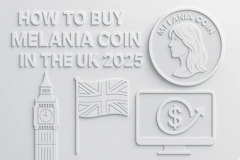 Neomorphic-style digital illustration showing "How to Buy Melania Coin in the UK 2025" with Melania Coin symbol, UK flag, Big Ben, and financial icons.