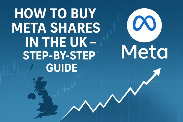 How to buy Meta shares in the UK step-by-step guide featuring Meta logo, UK map, and stock growth chart on blue background