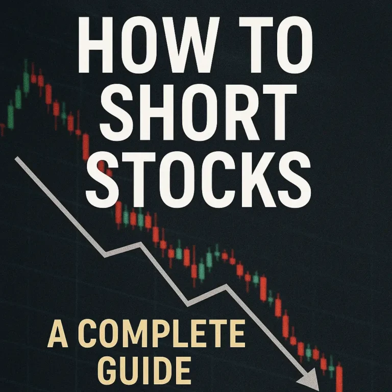 Graph showing declining stock prices with text ‘How to Short Stocks - A Complete Guide’, illustrating short selling strategies for beginners.
