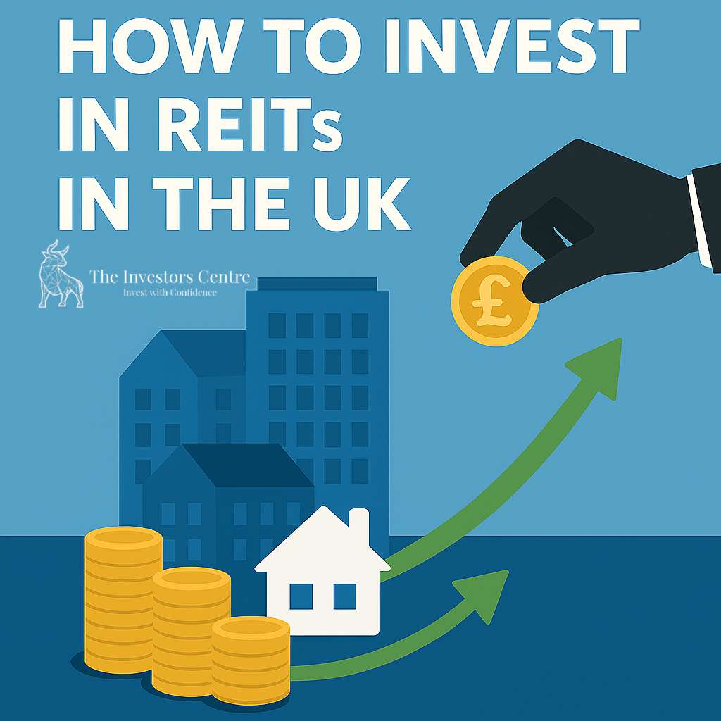 Illustration showing how to invest in REITs in the UK, featuring buildings, pound coins, and upward growth arrows with The Investors Centre branding.