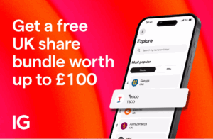 IG Review UK 12 IG trading app promotion showing free UK share bundle offer up to £100, with popular stocks like Tesco, Greggs, EasyJet, and AstraZeneca on mobile screen