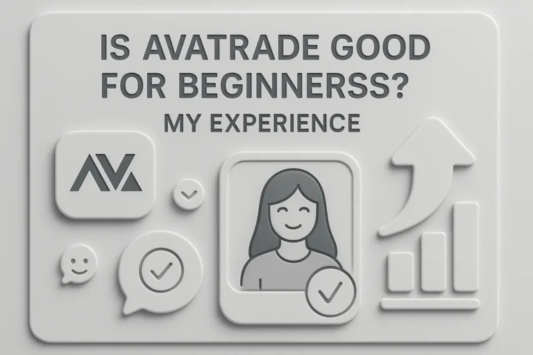 Neomorphic-style graphic titled “Is AvaTrade Good for Beginners? My Experience” featuring AvaTrade logo, smiling avatar, checkmarks, and upward bar chart symbolizing beginner-friendly trading platform.