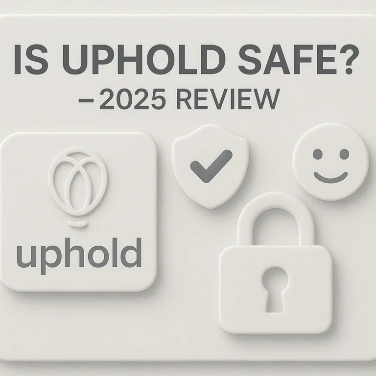 Neomorphic-style illustration for “Is Uphold Safe? – 2025 Review” featuring Uphold logo, security shield, padlock, and smiley face on a modern light gray background.