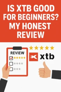 Illustration showing an honest review of XTB for beginners with five-star ratings, a checklist, thumbs up, and prominent XTB red and black branding