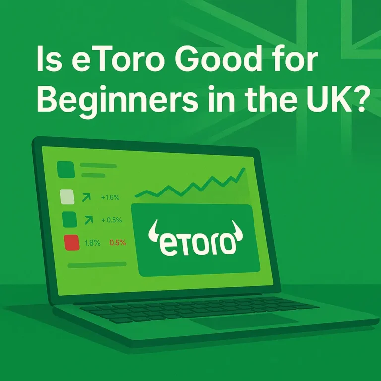 Is eToro Good for Beginners in the UK (2025 Review Image) featured image with white text and etoro branded colours in background