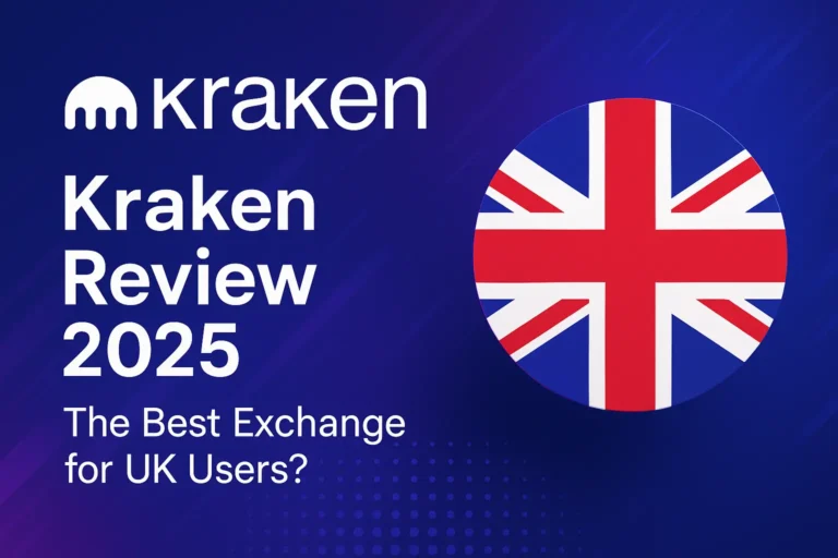 Kraken Review 2025 graphic highlighting the best cryptocurrency exchange for UK users with Kraken logo and UK flag