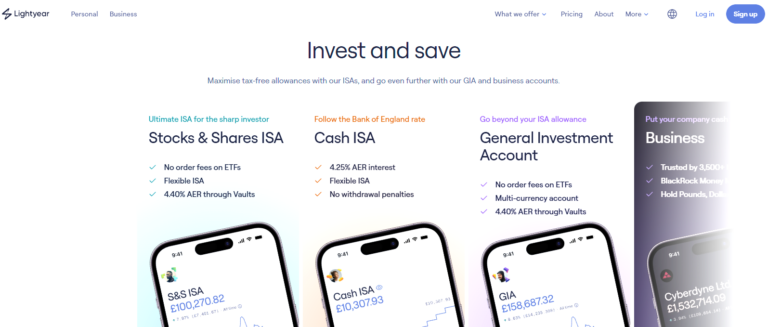 Lightyear ISA and GIA account comparison – 2025 overview of Stocks & Shares ISA, Cash ISA, and General Investment Account with AER interest rates and ETF fee structure displayed on mobile interface