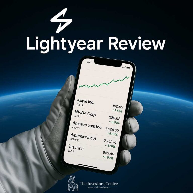 Astronaut holding a smartphone displaying stock charts and company listings in space with Earth in the background, Lightyear logo and "Lightyear Review" title above, and The Investors Centre watermark below – finance-themed blog cover image.
