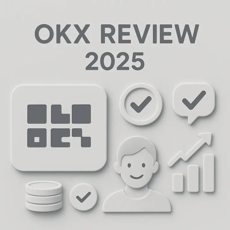 Neomorphic-style image titled “OKX Review 2025” featuring OKX logo, user avatar, checkmarks, coins, chat bubble, and growth chart icons representing a modern crypto platform review.
