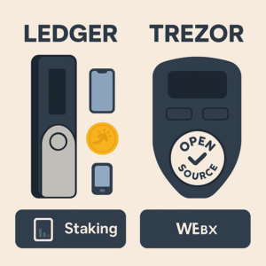 Illustration comparing Ledger and Trezor hardware wallets in 2025, highlighting differences in price, security, staking, and features
